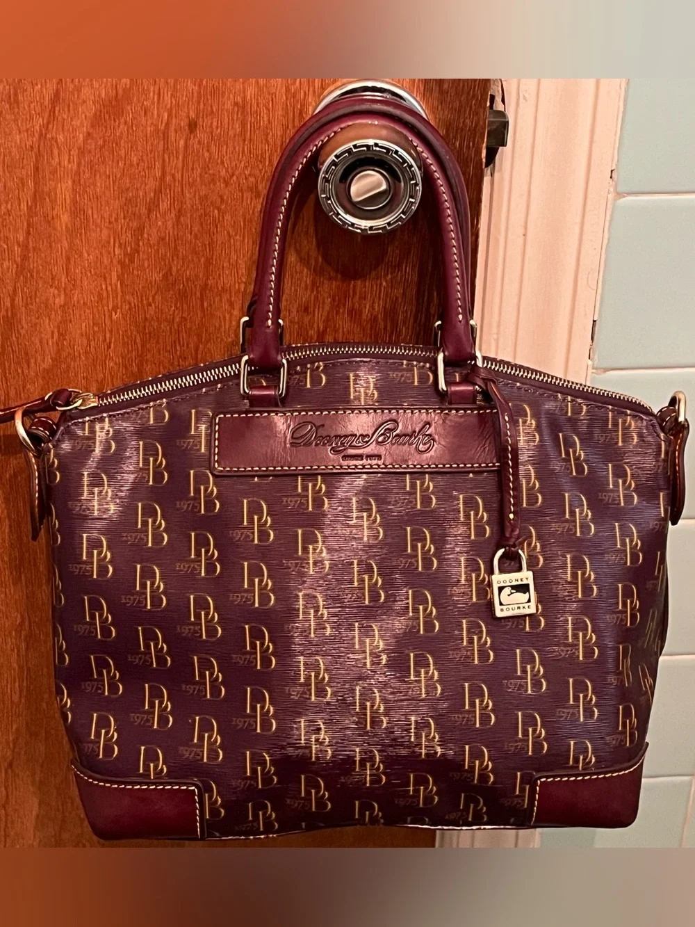 Dooney & Bourke Burgundy 1975 Logo Satchel with Gold Accents
